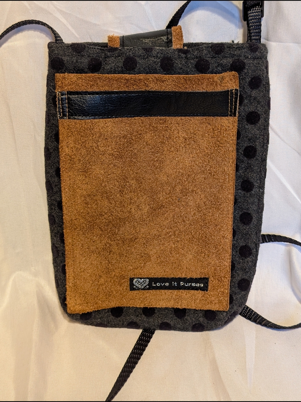 Love It Purses Women's Gray Polka Dot Crossbody with Brown Suede Pocket
